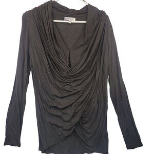 Jennifer Lopez Womens M Crossover Drape Neck Long Sleeve Tunic Top Black